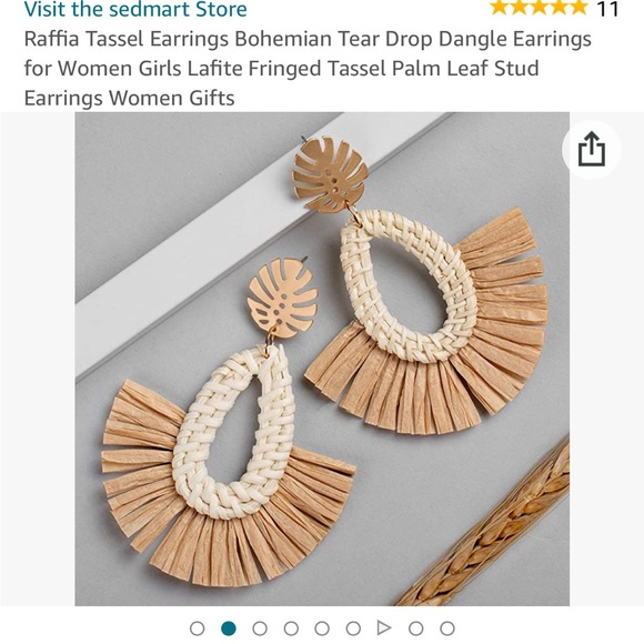 Raffia Tassel Earrings Bohemian Tear Drop Dangle Earrings - Picture 3 of 9